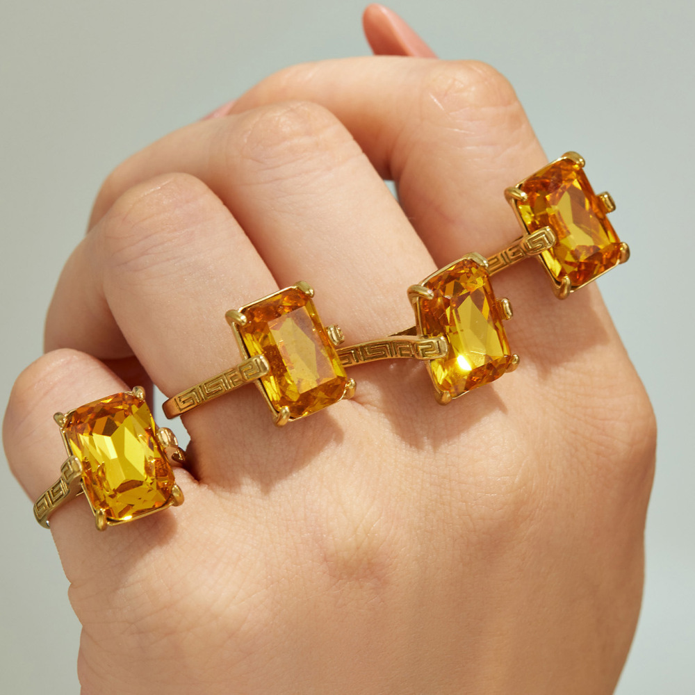 Luxurious Series Rectangle Stainless Steel Waterproof Gold Color Crystal Women's Gemstone Rings Picture4