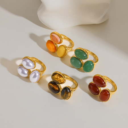 Luxe Serie Retro Elliptische Ringen Van Roestvrij Staal, Waterdicht, Goudkleurig, Met Natuursteen En Kunstparel.