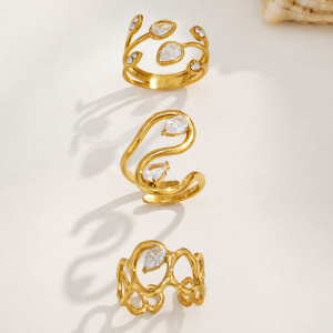 Luxurious Series Sweet Irregular Shape Stainless Steel Waterproof Gold Color Zircon Women's Gemstone Rings h5 Picture3