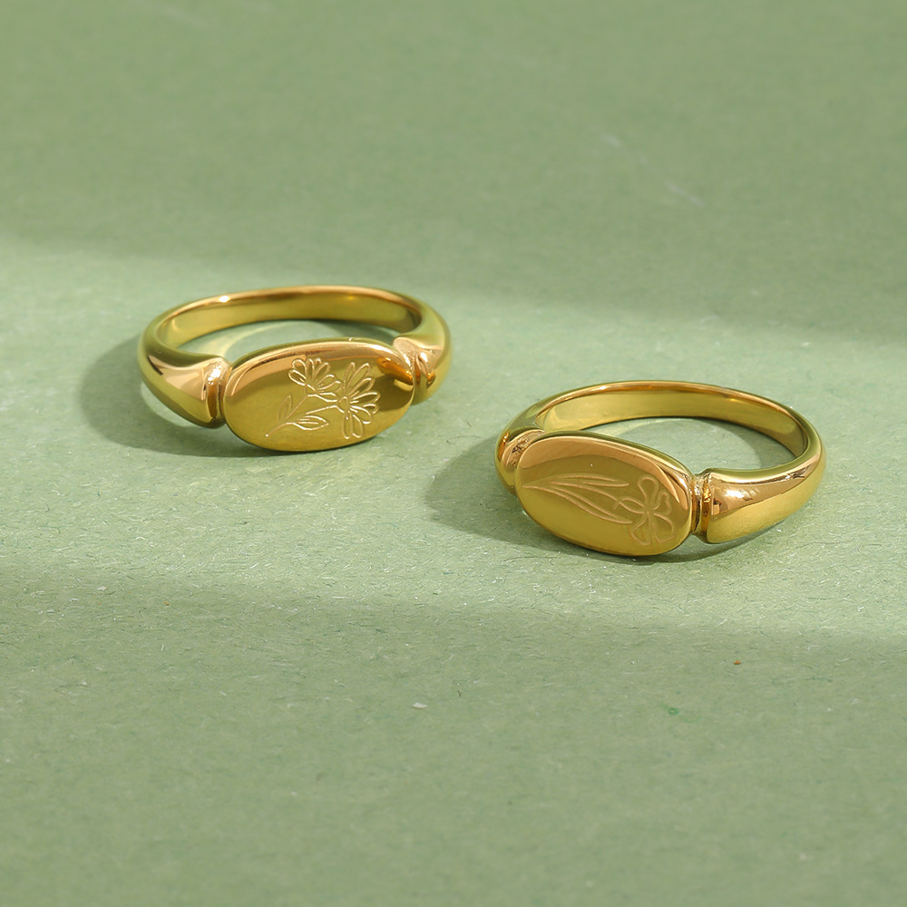 Flower Pattern Stainless Steel Waterproof Gold Color Signet Rings Picture3