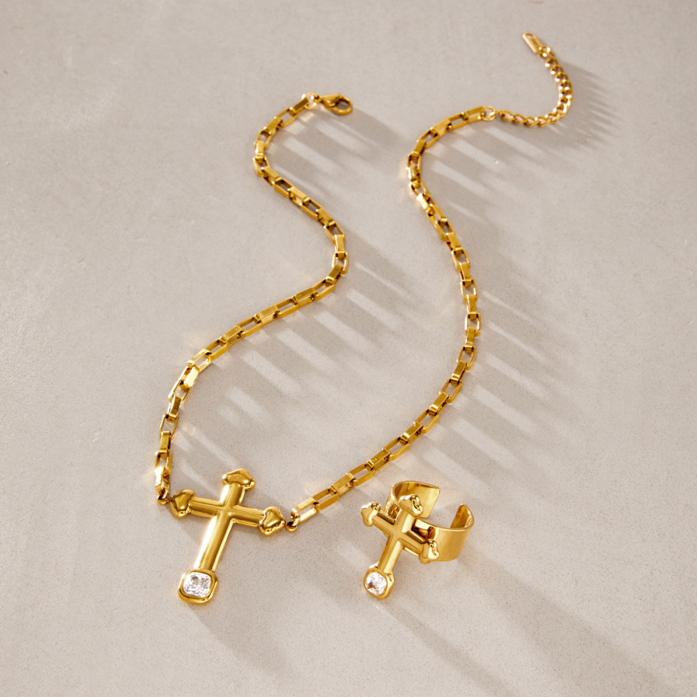 Simple Series Retro Cross Stainless Steel Waterproof   Gold Color  Zircon Women's Jewelry Sets Picture4