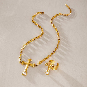 Simple Series Retro Cross Stainless Steel Waterproof   Gold Color  Zircon Women's Jewelry Sets h5 Picture4