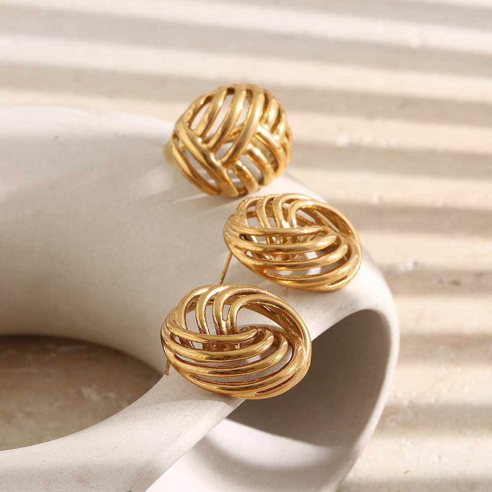 Hollowed-Out Stainless Steel Waterproof Gold Color Women's Stud Earrings Picture3