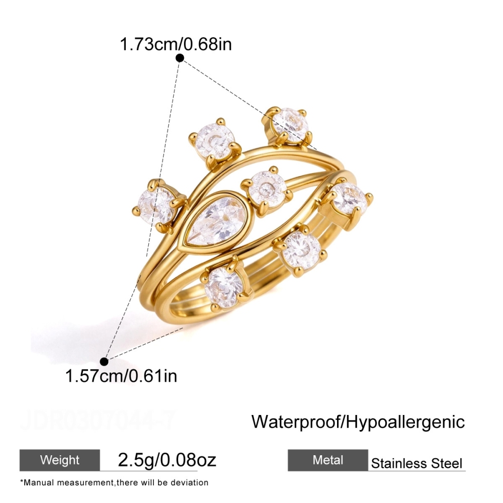 Simple Series Elegant Droplet Irregular Shape Stainless Steel Waterproof   Gold Color  Zircon Ring Sets 