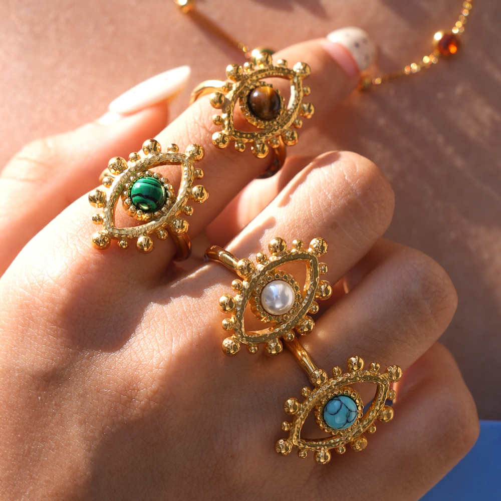Retro Series Daily Devil's Eye Stainless Steel Waterproof Gold Color Natural Stone Statement Rings Picture2