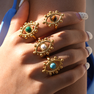 Retro Series Daily Devil's Eye Stainless Steel Waterproof Gold Color Natural Stone Statement Rings h5 Picture3