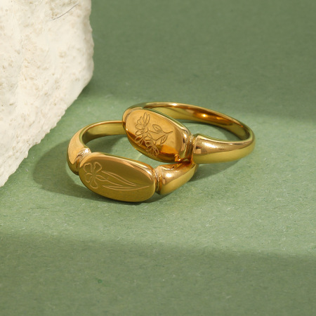 Flower Pattern Stainless Steel Waterproof Gold Color Signet Rings