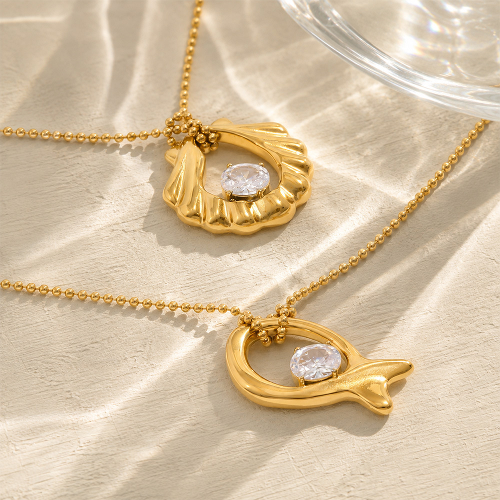 Shell Fish Shape Stainless Steel Waterproof Gold Color Zircon Women's Pendant Necklaces Picture3