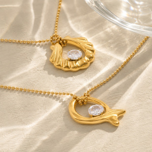 Shell Fish Shape Stainless Steel Waterproof Gold Color Zircon Women's Pendant Necklaces h5 Picture3