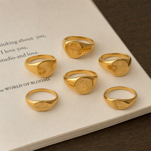 Sun & Cross Pattern Stainless Steel Waterproof  Gold Color Signet Rings h5 Picture3