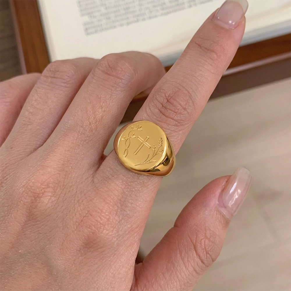 Sun & Cross Pattern Stainless Steel Waterproof  Gold Color Signet Rings Picture2