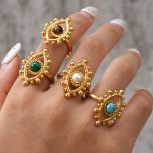 Retro Series Daily Devil's Eye Stainless Steel Waterproof Gold Color Natural Stone Statement Rings h5 Picture4