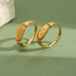 Flower Pattern Stainless Steel Waterproof Gold Color Signet Rings h5 Picture4