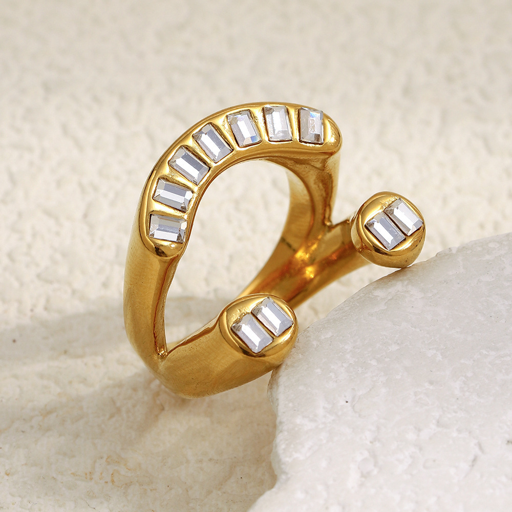 Luxurious Series Irregular Shape Stainless Steel Waterproof Gold Color Zircon Statement Rings Picture2