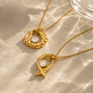 Shell Fish Shape Stainless Steel Waterproof Gold Color Zircon Women's Pendant Necklaces h5 Picture4