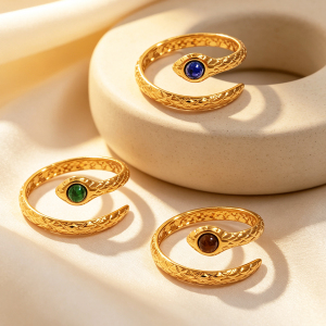 Simple Series Daily Animal Snake Stainless Steel Waterproof Gold Color Natural Stone Statement Rings h5 Picture5