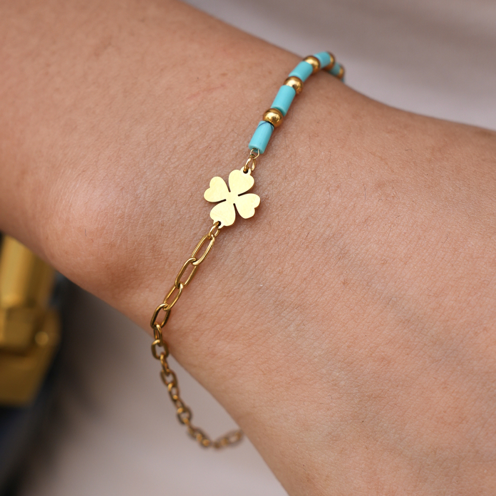 Romantic Series Daily Clover Stainless Steel Waterproof Gold Color Natural Stone Women's Chain Bracelets h5Picture2