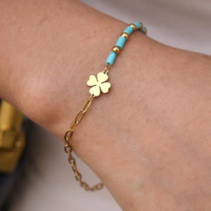 Romantic Series Daily Clover Stainless Steel Waterproof Gold Color Natural Stone Women's Chain Bracelets h5 Picture2