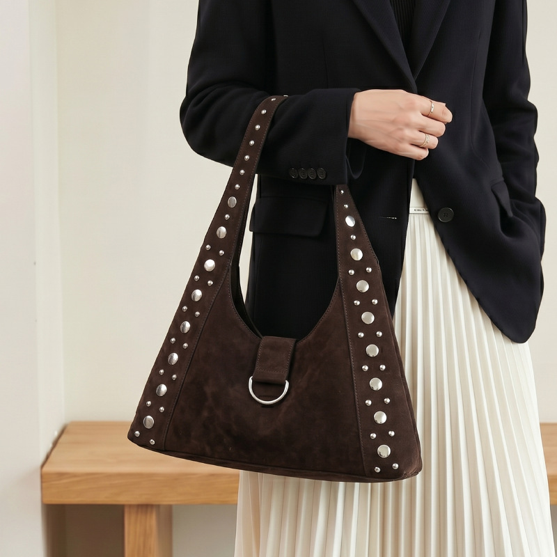 Casual Style Metal Hardware Studded Solid Color Rivet Suede Women's Underarm Shoulder Bags Picture4