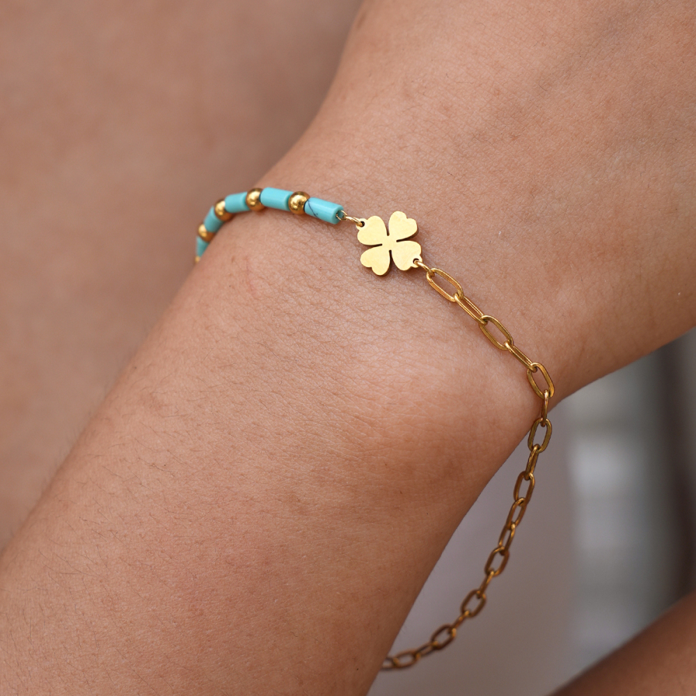Romantic Series Daily Clover Stainless Steel Waterproof Gold Color Natural Stone Women's Chain Bracelets h5Picture3
