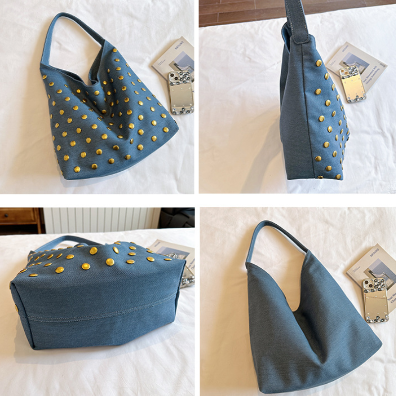 Casual Style Metal Hardware Studded Solid Color Rivet Cotton Women's Square Shoulder Bags Picture3