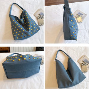 Casual Style Metal Hardware Studded Solid Color Rivet Cotton Women's Square Shoulder Bags h5 Picture3