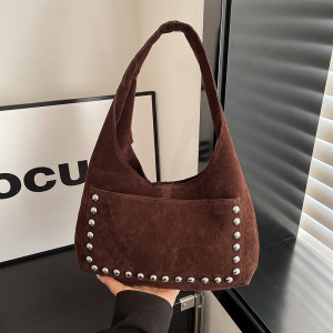 Casual Style Studded Solid Color Rivet Suede Women's Round Shoulder Bags h5 Picture2