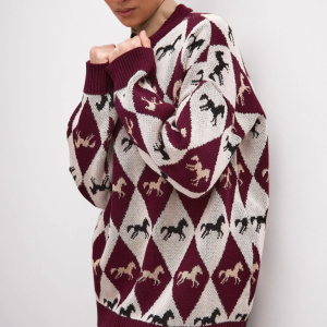 Casual Crew Neck Color‑Block Loose Fit Pony Motif Knitted Jumper h5 Picture3