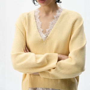 Elegant Solid Color Lace Panel Regular Knitted Jumper h5 Picture5
