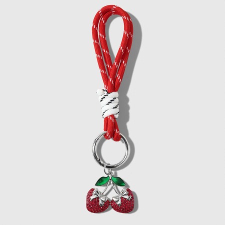 Luxe Serie Sleutelhanger Met Strik, Stippen En Kersenkleurige Strass-Steentjes.
