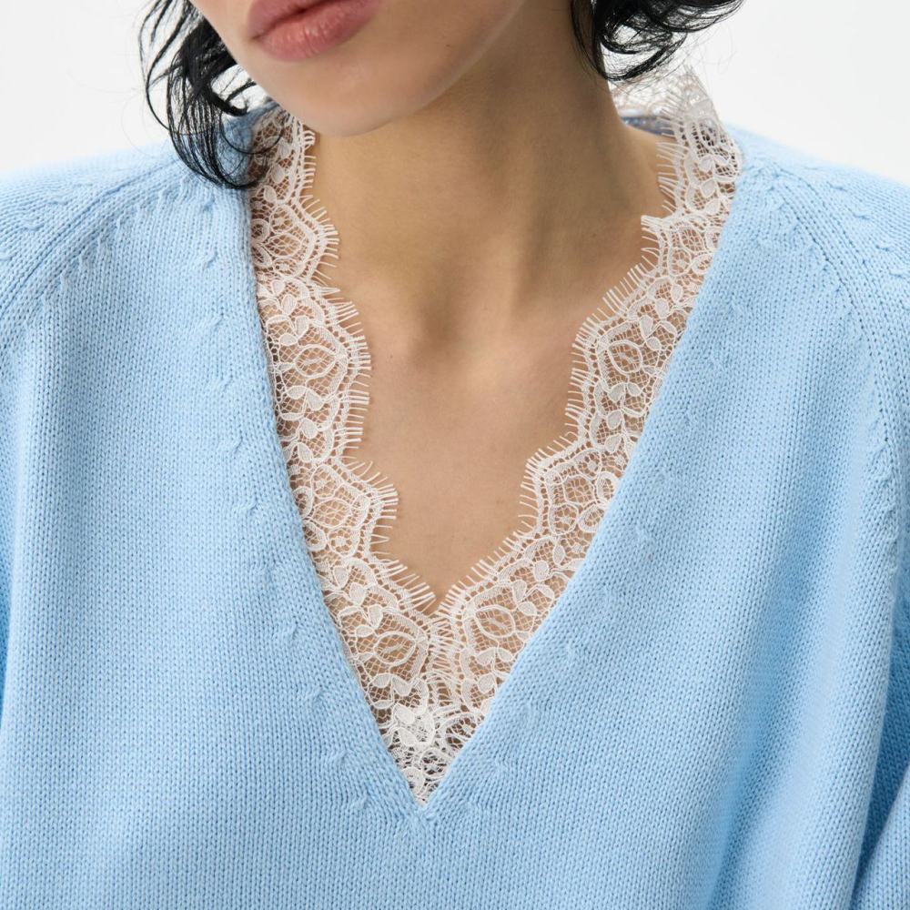 Elegant Solid Color Lace Panel Regular Knitted Jumper h5Picture6