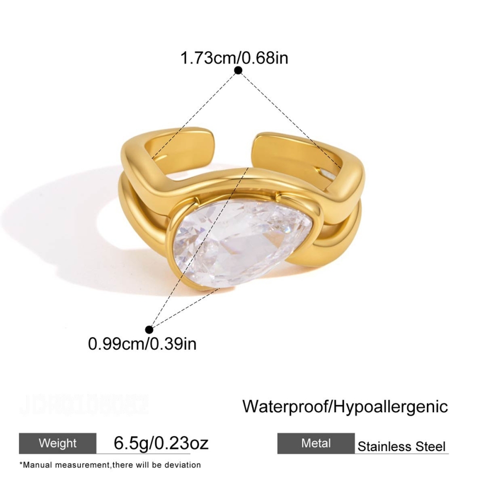 Luxurious Series Simple Droplet Stainless Steel Waterproof Gold Color Zircon Women's Gemstone Rings