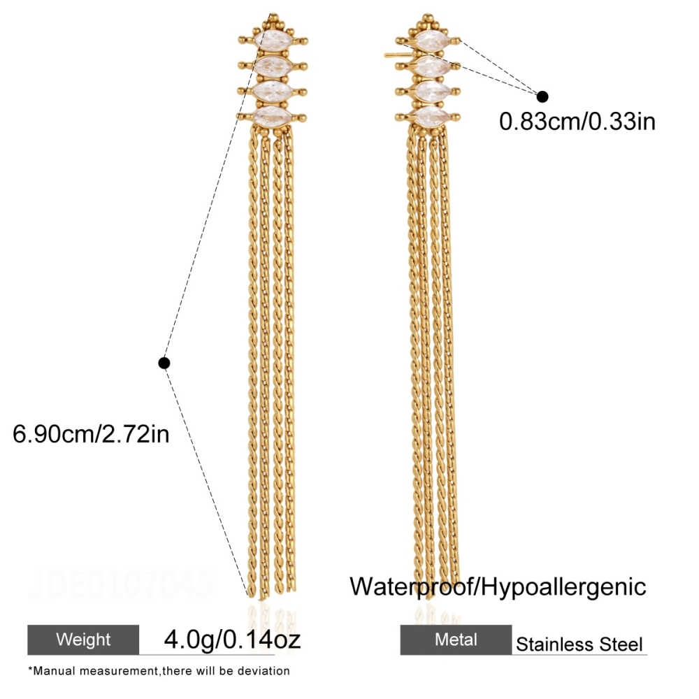 Elegant Tassel Stainless Steel Waterproof Gold Color Zircon Women's Dangle Earrings 