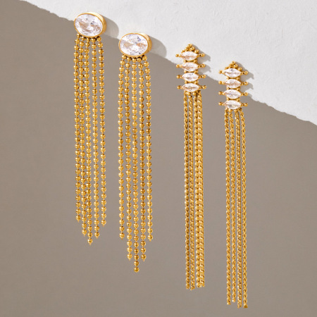Elegantes Pendientes Colgantes De Mujer Con Borla, Acero Inoxidable, Resistentes Al Agua Y Circonitas Color Oro. 2