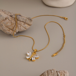 Butterfly Zircon Stainless Steel Waterproof Gold Color Women's Pendant Necklaces h5 Picture4