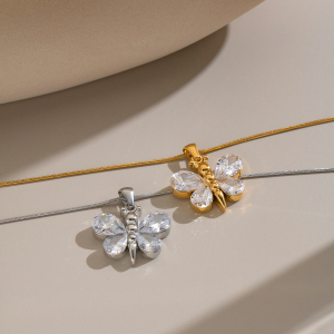 Butterfly Zircon Stainless Steel Waterproof Gold Color Women's Pendant Necklaces h5 Picture2