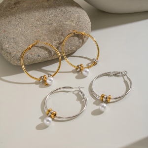 Circle Stainless Steel Waterproof Artificial Pearl Women's Hoop Earrings h5 Picture2