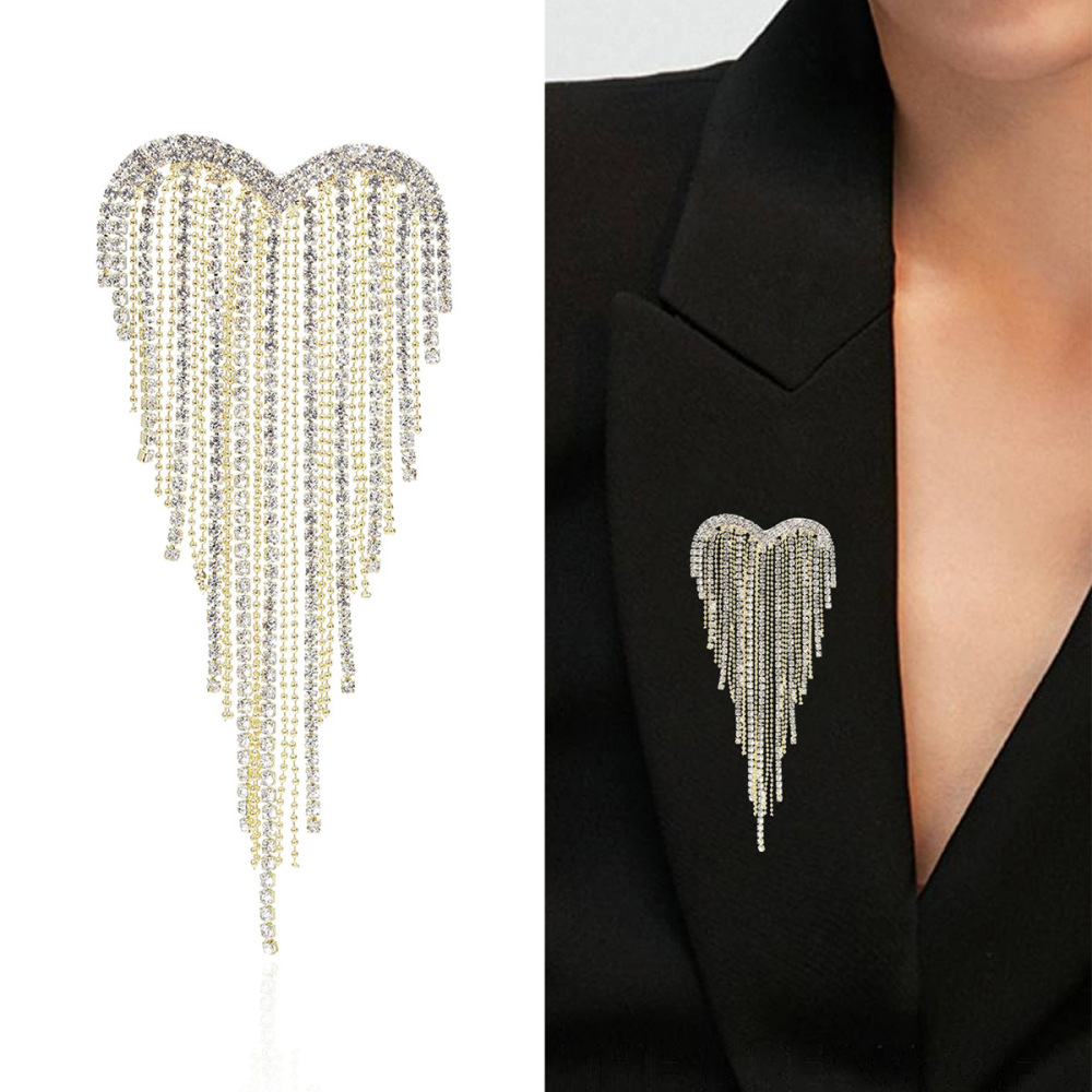 Luxurious Series Daily Heart Solid Color Tassel Metal Rhinestone Brooches h5Picture2