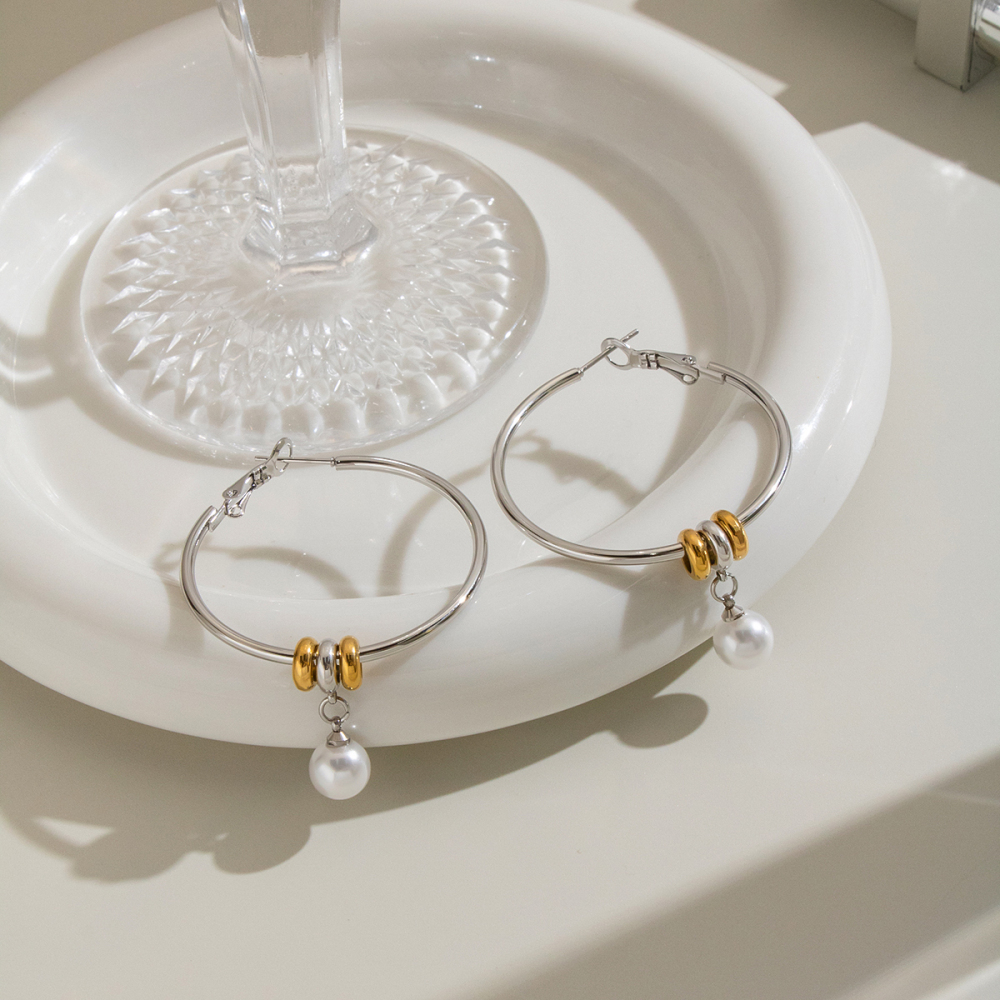 Circle Stainless Steel Waterproof Artificial Pearl Women's Hoop Earrings Picture5