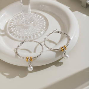 Circle Stainless Steel Waterproof Artificial Pearl Women's Hoop Earrings h5 Picture5