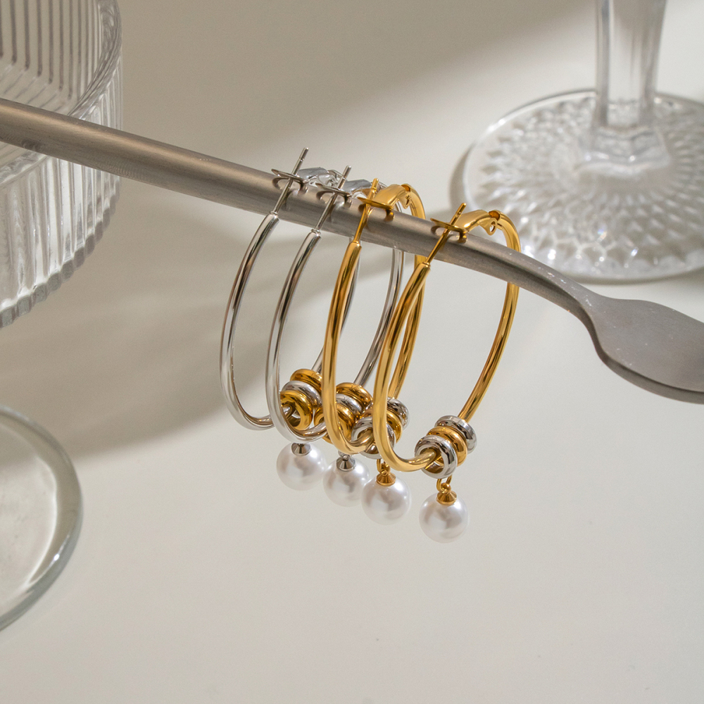 Circle Stainless Steel Waterproof Artificial Pearl Women's Hoop Earrings Picture3