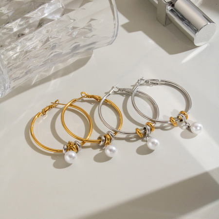 Circle Stainless Steel Waterproof Artificial Pearl Women's Hoop Earrings