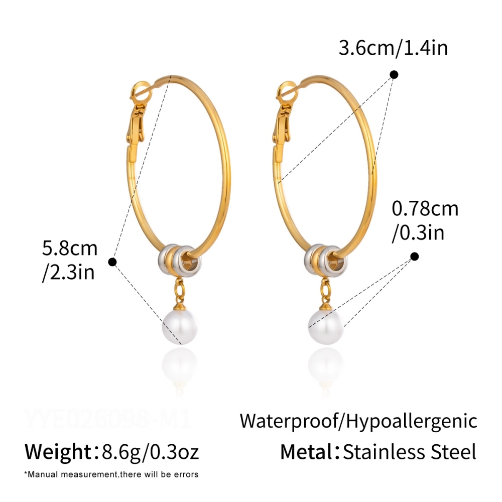 Circle Stainless Steel Waterproof Artificial Pearl Women's Hoop Earrings