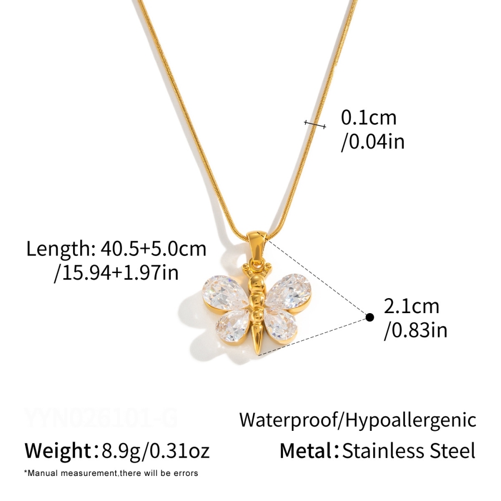 Butterfly Zircon Stainless Steel Waterproof Gold Color Women's Pendant Necklaces