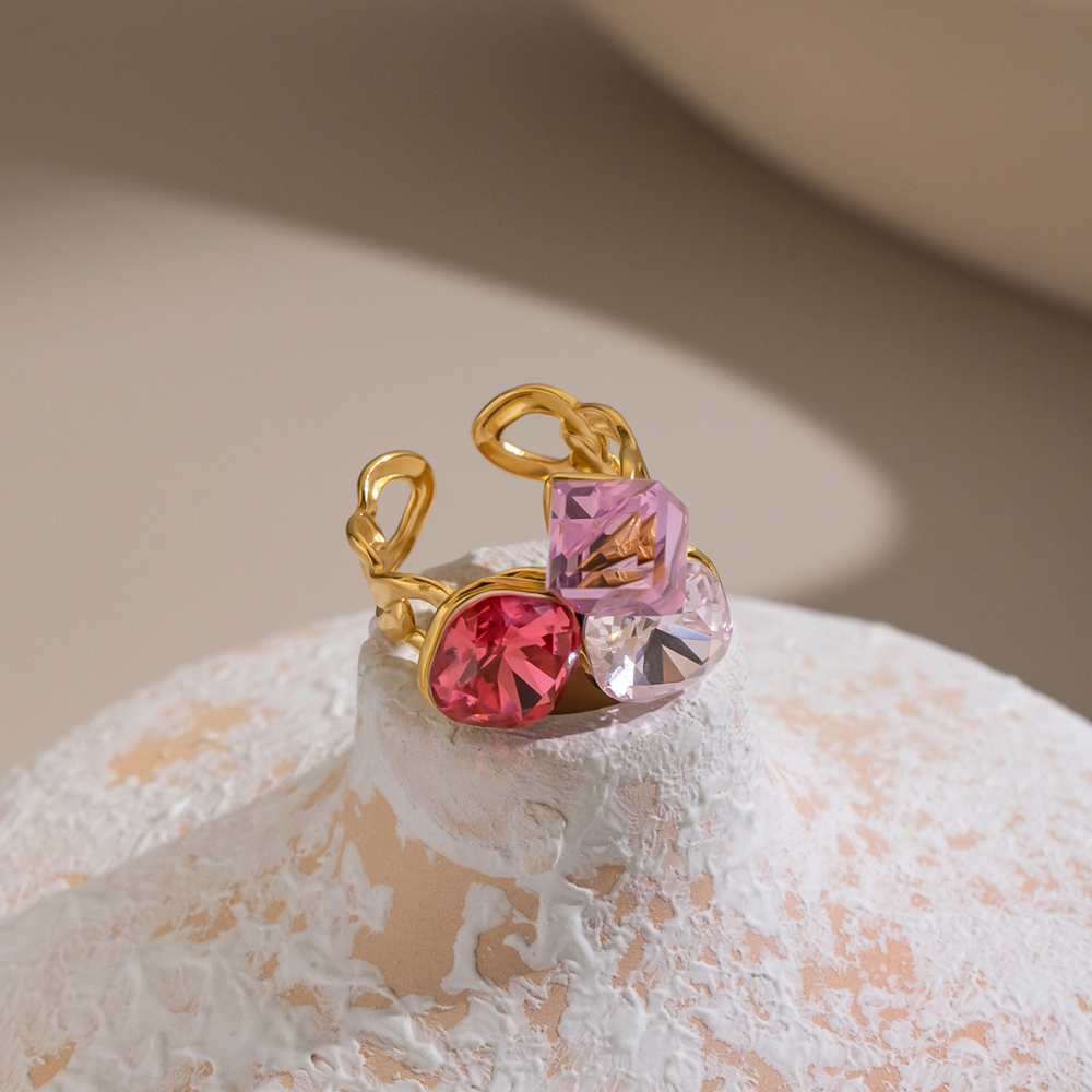 Anillos De Cristal De Color Dorado Impermeables De Acero Inoxidable Con Forma Geométrica Y Anillos De Cristal. Imagen3