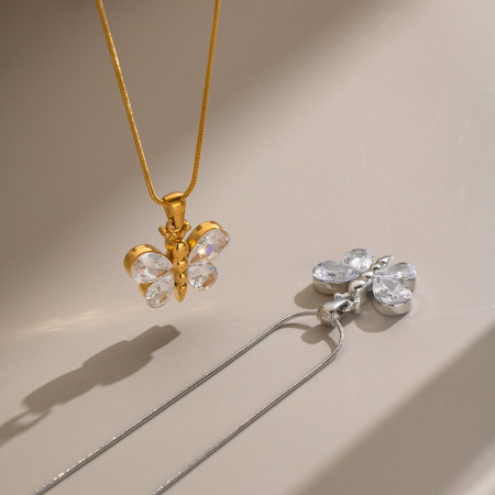 Butterfly Zircon Stainless Steel Waterproof Gold Color Women's Pendant Necklaces