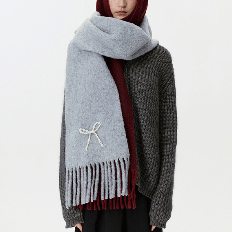 Simple Series Sweet Bow Knot Solid Color Tassel Wool Polyester Blend Winter Scarves h5Picture2