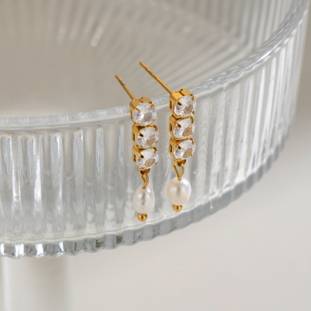 Stainless Steel Waterproof Zircon Gold Color Women's Dangle Earrings