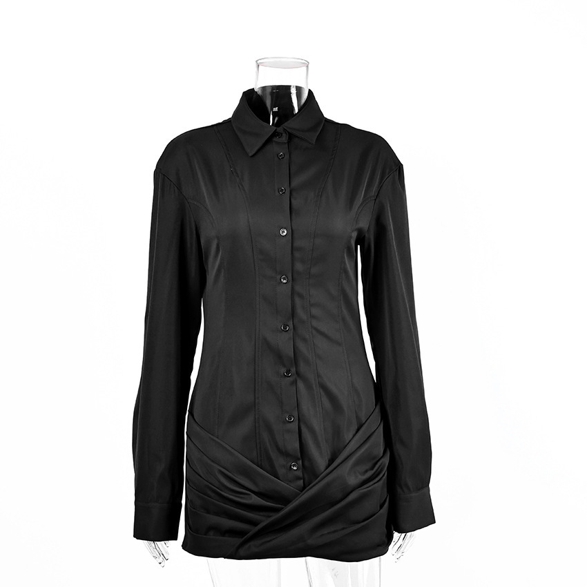 Elegant Solid Color Button Ruffle Edge Slim Fit Long-Sleeved Dresses