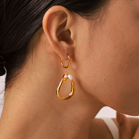 Simple Series Daily Irregular Shape Stainless Steel Waterproof Gold Color Natural Stone Women's Hoop Earrings 2